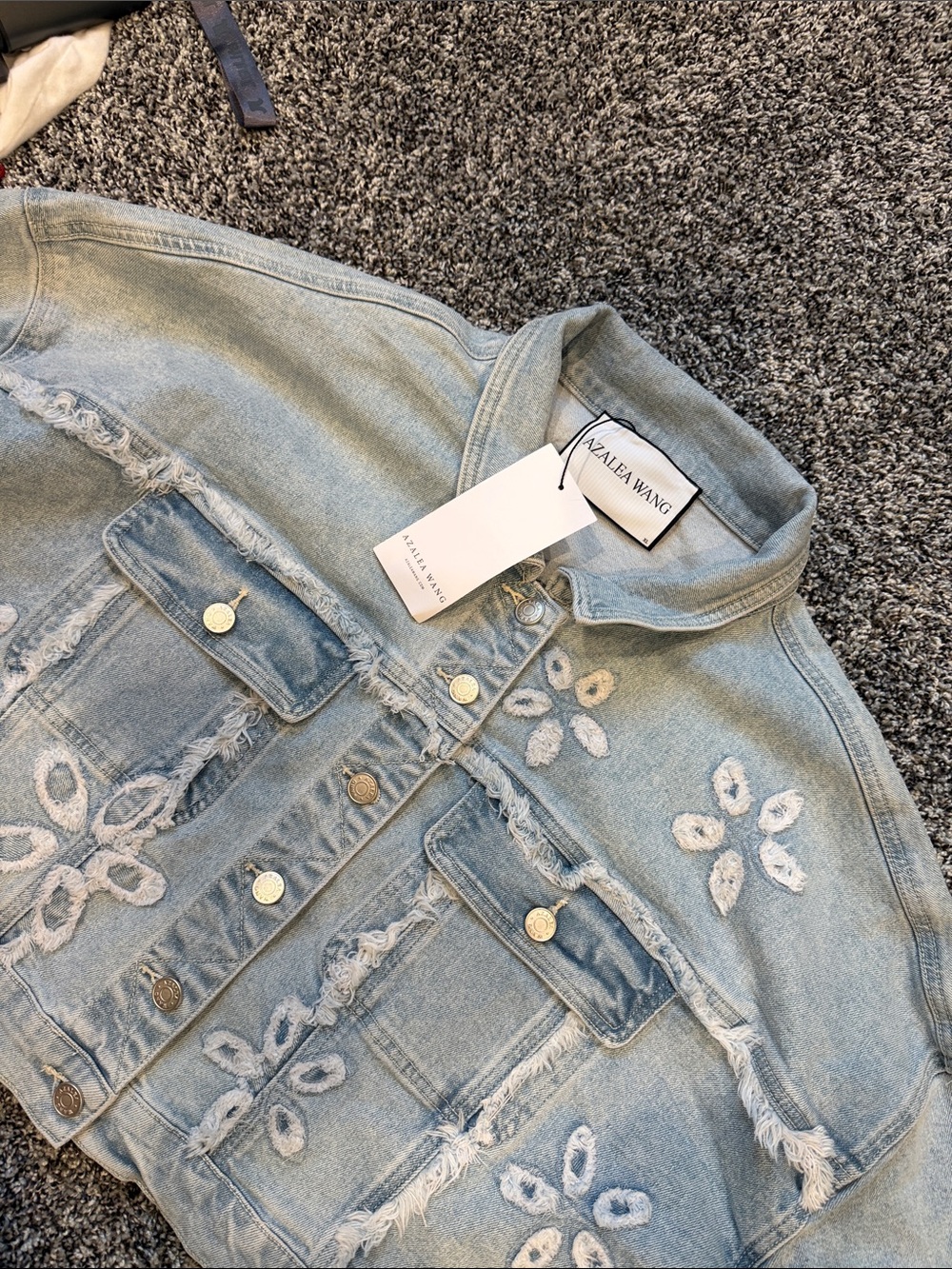 Azalea Wang Light Blue Embroidered Distressed Denim Jacket